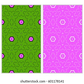 Set of 2 vertical e seamless lace pattern with elements of floral ornament, kaleidoscope mosaic. Different colored bases. vector illustration. For decorating invitations, fashion design, textiles