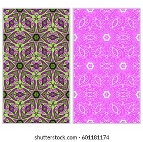 Set of 2 vertical e seamless lace pattern with elements of floral ornament, kaleidoscope mosaic. Different colored bases. vector illustration. For decorating invitations, fashion design, textiles
