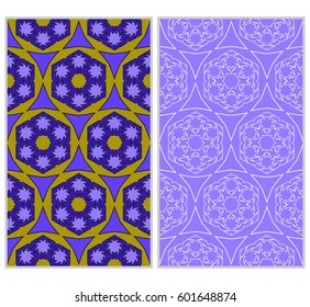 Set of 2 vertical e seamless lace pattern with elements of floral ornament, kaleidoscope mosaic. Different colored bases. vector illustration. For decorating invitations, fashion design, textiles