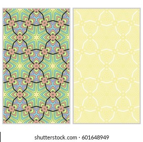 Set of 2 vertical e seamless lace pattern with elements of floral ornament, kaleidoscope mosaic. Different colored bases. vector illustration. For decorating invitations, fashion design, textiles