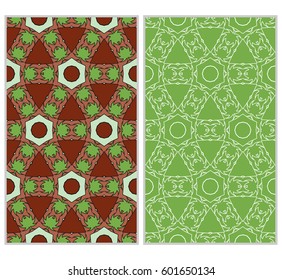 Set of 2 vertical e seamless lace pattern with elements of floral ornament, kaleidoscope mosaic. Different colored bases. vector illustration. For decorating invitations, fashion design, textiles