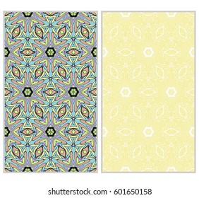Set of 2 vertical e seamless lace pattern with elements of floral ornament, kaleidoscope mosaic. Different colored bases. vector illustration. For decorating invitations, fashion design, textiles