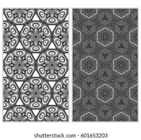 Set of 2 vertical e seamless lace pattern with elements of floral ornament, kaleidoscope mosaic. Different colored bases. vector illustration. For decorating invitations, fashion design, textiles