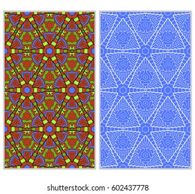 Set of 2 vertical e seamless lace pattern with elements of floral ornament, kaleidoscope mosaic. Different colored bases. vector illustration. For decorating invitations, fashion design, textiles