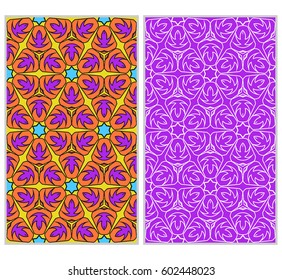 Set of 2 vertical e seamless lace pattern with elements of floral ornament, kaleidoscope mosaic. Different colored bases. vector illustration. For decorating invitations, fashion design, textiles