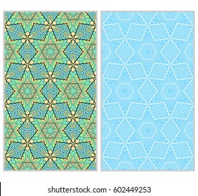Set of 2 vertical e seamless lace pattern with elements of floral ornament, kaleidoscope mosaic. Different colored bases. vector illustration. For decorating invitations, fashion design, textiles
