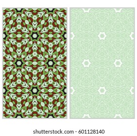 set of 2 vertical seamless patterns. The left is a colored pattern in the style of a kaleidoscope mosaic. The right a lacy texture with floral ornament. vector illustration.