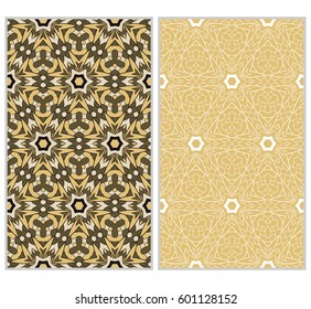 set of 2 vertical seamless patterns. The left is a colored pattern in the style of a kaleidoscope mosaic. The right a lacy texture with floral ornament. vector illustration.