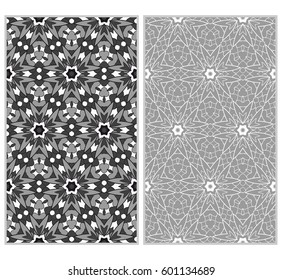 set of 2 vertical seamless patterns. The left is a colored pattern in the style of a kaleidoscope mosaic. The right a lacy texture with floral ornament. vector illustration.