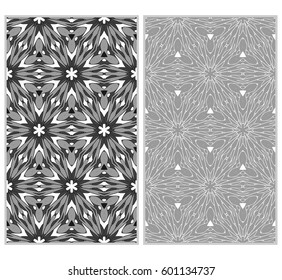set of 2 vertical seamless patterns. The left is a colored pattern in the style of a kaleidoscope mosaic. The right a lacy texture with floral ornament. vector illustration.