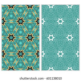 set of 2 vertical seamless patterns. The left is a colored pattern in the style of a kaleidoscope mosaic. The right a lacy texture with floral ornament. vector illustration.