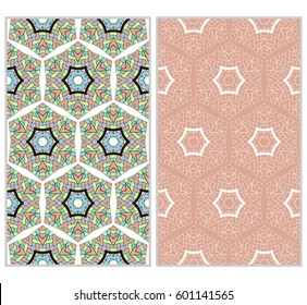set of 2 vertical seamless patterns. The left is a colored pattern in the style of a kaleidoscope mosaic. The right a lacy texture with floral ornament. vector illustration.
