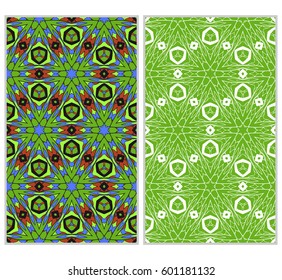 set of 2 vertical seamless patterns. The left is a colored pattern in the style of a kaleidoscope mosaic. The right a lacy texture with floral ornament. vector illustration.