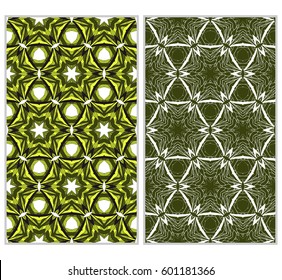 set of 2 vertical seamless patterns. The left is a colored pattern in the style of a kaleidoscope mosaic. The right a lacy texture with floral ornament. vector illustration.