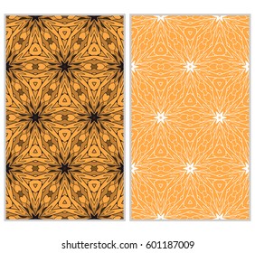 set of 2 vertical seamless patterns. The left is a colored pattern in the style of a kaleidoscope mosaic. The right a lacy texture with floral ornament. vector illustration.