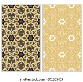 set of 2 vertical seamless patterns. The left is a colored pattern in the style of a kaleidoscope mosaic. The right a lacy texture with floral ornament. vector illustration.