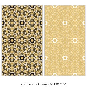 set of 2 vertical seamless patterns. The left is a colored pattern in the style of a kaleidoscope mosaic. The right a lacy texture with floral ornament. vector illustration.