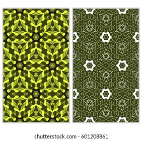 set of 2 vertical seamless patterns. The left is a colored pattern in the style of a kaleidoscope mosaic. The right a lacy texture with floral ornament. vector illustration.