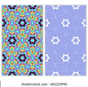 set of 2 vertical seamless patterns. The left is a colored pattern in the style of a kaleidoscope mosaic. The right a lacy texture with floral ornament. vector illustration.