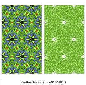 set of 2 vertical seamless patterns. The left is a colored pattern in the style of a kaleidoscope mosaic. The right a lacy texture with floral ornament. vector illustration.