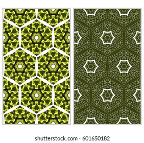 set of 2 vertical seamless patterns. The left is a colored pattern in the style of a kaleidoscope mosaic. The right a lacy texture with floral ornament. vector illustration.