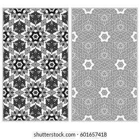 set of 2 vertical seamless patterns. The left is a colored pattern in the style of a kaleidoscope mosaic. The right a lacy texture with floral ornament. vector illustration.