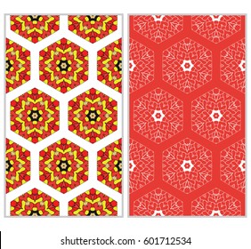 set of 2 vertical seamless patterns. The left is a colored pattern in the style of a kaleidoscope mosaic. The right a lacy texture with floral ornament. vector illustration.