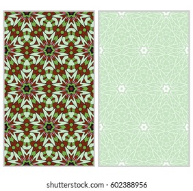set of 2 vertical seamless patterns. The left is a colored pattern in the style of a kaleidoscope mosaic. The right a lacy texture with floral ornament. vector illustration.