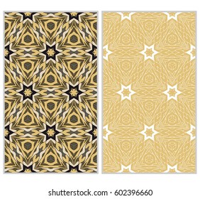 set of 2 vertical seamless patterns. The left is a colored pattern in the style of a kaleidoscope mosaic. The right a lacy texture with floral ornament. vector illustration.