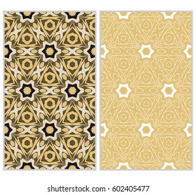 set of 2 vertical seamless patterns. The left is a colored pattern in the style of a kaleidoscope mosaic. The right a lacy texture with floral ornament. vector illustration.