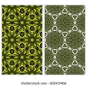 set of 2 vertical seamless patterns. The left is a colored pattern in the style of a kaleidoscope mosaic. The right a lacy texture with floral ornament. vector illustration.