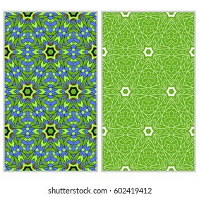 set of 2 vertical seamless patterns. The left is a colored pattern in the style of a kaleidoscope mosaic. The right a lacy texture with floral ornament. vector illustration.