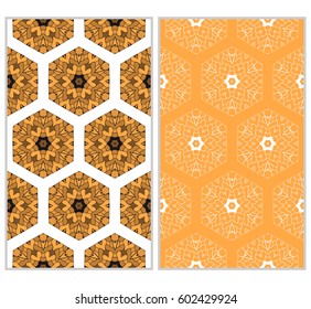 set of 2 vertical seamless patterns. The left is a colored pattern in the style of a kaleidoscope mosaic. The right a lacy texture with floral ornament. vector illustration.