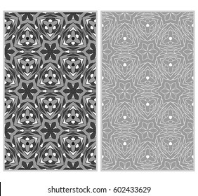 set of 2 vertical seamless patterns. The left is a colored pattern in the style of a kaleidoscope mosaic. The right a lacy texture with floral ornament. vector illustration.