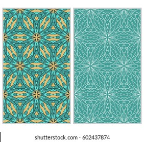 set of 2 vertical seamless patterns. The left is a colored pattern in the style of a kaleidoscope mosaic. The right a lacy texture with floral ornament. vector illustration.