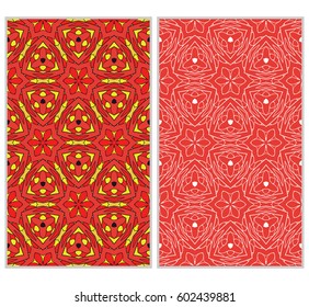 set of 2 vertical seamless patterns. The left is a colored pattern in the style of a kaleidoscope mosaic. The right a lacy texture with floral ornament. vector illustration.
