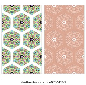set of 2 vertical seamless patterns. The left is a colored pattern in the style of a kaleidoscope mosaic. The right a lacy texture with floral ornament. vector illustration.