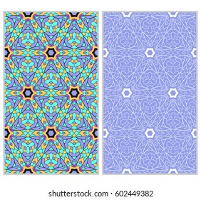 set of 2 vertical seamless patterns. The left is a colored pattern in the style of a kaleidoscope mosaic. The right a lacy texture with floral ornament. vector illustration.