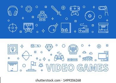 Set of 2 Video Games concept outline horizontal banners. Vector illustration