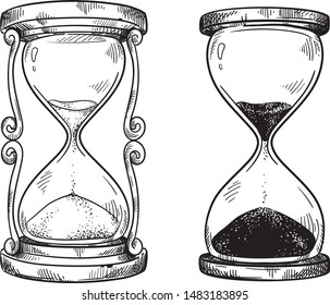 Set of 2 vintage hourglasses vector black and white drawing 