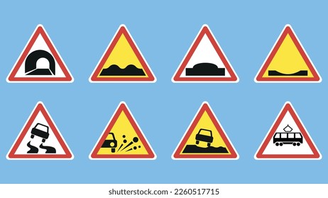 Ajuste 2 de las señales de advertencia en el fondo azul. Ilustración vectorial.
