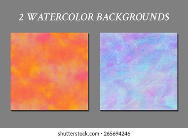 Set of 2 watercolor backgrounds. Handmade texture. Bright acid orange and soft blue colors. Vector illustration. Multicolor modern backdrop.