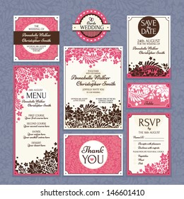 Set 2 of wedding cards. Wedding invitations, Thank you card, Save the date card, Table card, RSVP card and Menu. 