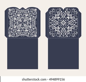 Set of 2 Wedding Invitation Baroque. Layout congratulatory envelope with carved openwork pattern. Open card. Pattern suitable for laser cutting, plotter cutting or printing. Vector