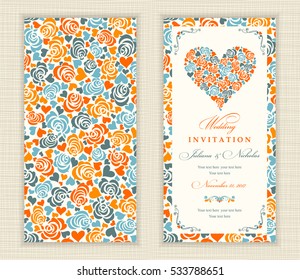 Set of 2 Wedding Invitation card with roses and hearts. The front and rear side. Valentine's Day.