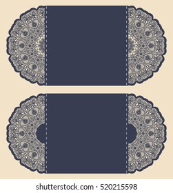 Set of 2 Wedding Invitation with floral mandala. Layout congratulatory envelope with carved openwork pattern. Open card. Pattern suitable for laser cutting, plotter cutting or printing. Vector