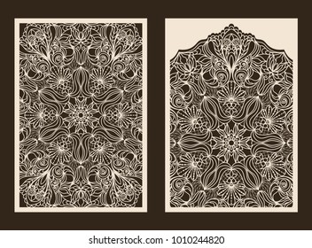Set of 2 Wedding Invitation or greeting card with lace pattern. Layout congratulatory card with carved openwork pattern. Turkish motif. Pattern suitable for laser cutting, plotter cutting or printing