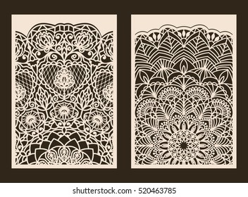 Set of 2 Wedding Invitation or greeting card with lace pattern. Layout congratulatory card with carved openwork pattern. Pattern suitable for laser cutting, plotter cutting or printing. Vector