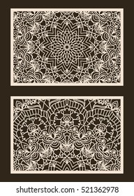 Set of 2 Wedding Invitation or greeting card with lace pattern. Layout congratulatory card with carved openwork pattern. Pattern suitable for laser cutting, plotter cutting or printing. Vector