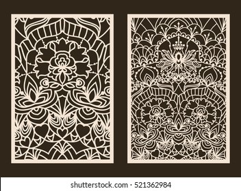 Set of 2 Wedding Invitation or greeting card with lace pattern. Layout congratulatory card with carved openwork pattern. Pattern suitable for laser cutting, plotter cutting or printing. Vector